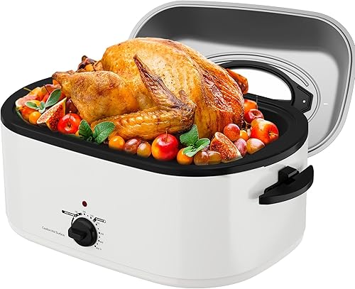 Sunvivi Horno asador eléctrico de 24 cuartos de galón con tapa visible autohilvanado, horno asador de pavo con sartén y estante extraíbles, perfecto