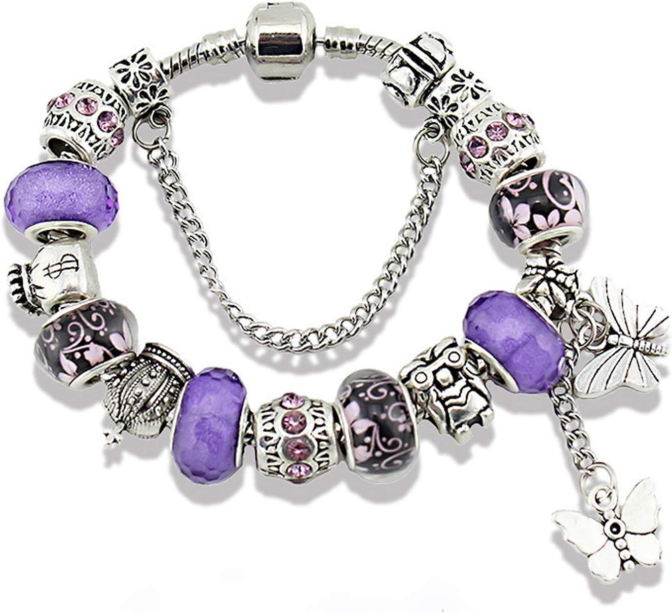 Mother Charms Bracelet for Women Murano Glass Beads Butterfly Flower Charms Amethyst Bracelets