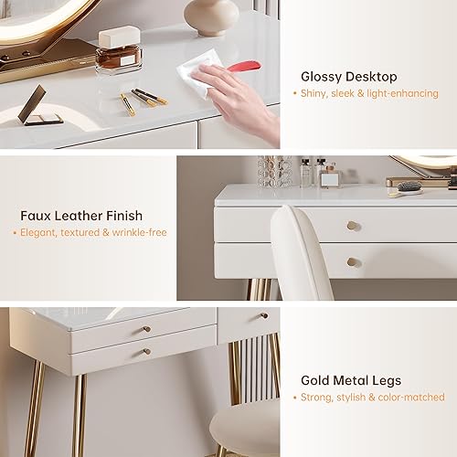 Miniatura 7 de Escritorio de tocador con espejo y luces| Juego de tocador de maquillaje moderno beige de 39 pulgadas con cajones y silla ajustable | Tocador blanco
