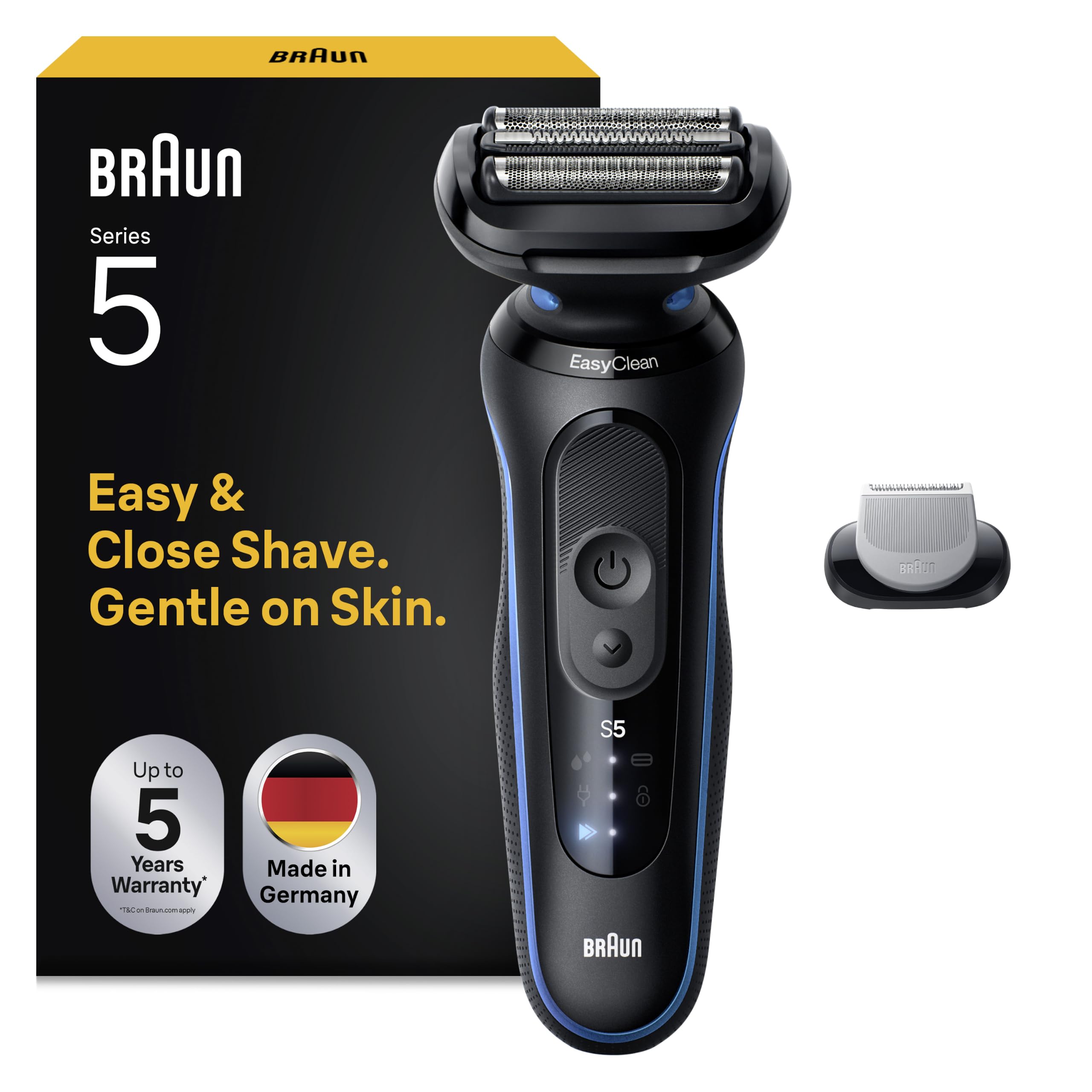 Braun Series 5 Electric Shaver for Men, Wet & Dry Foil Razor, Blue | Body Groomer Attachment, 3 Flex Blades, Turbo & Standard Modes, 50-Min Runtime, Waterproof, Made in Germany, 52-B1600S