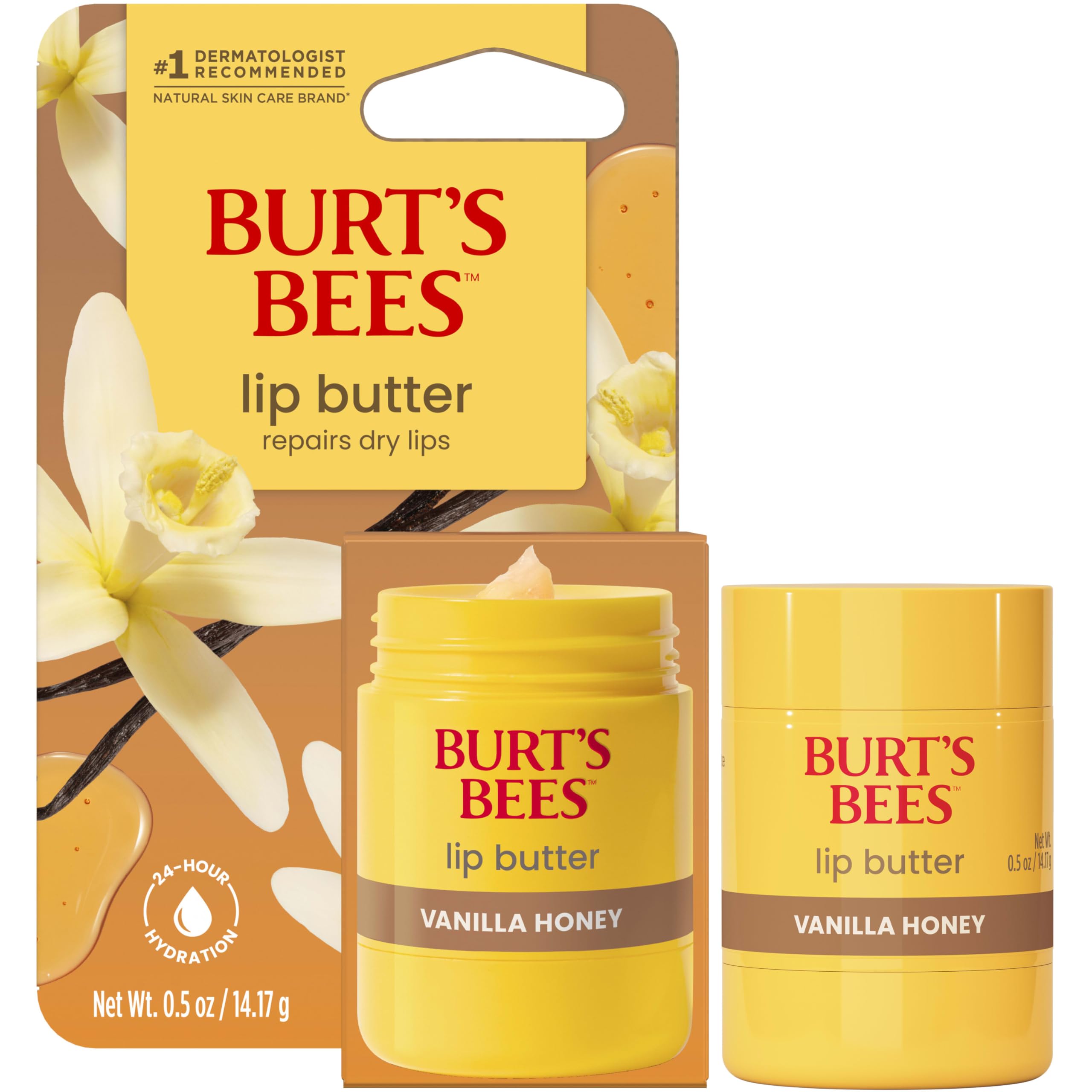 Burt's Bees Vanilla Honey Lip Butter, Repairs Dry Lips, 24 Hour Hydration, Locks in Moisture, Includes Shea and Mango Butters, Antioxidant Rich Vitamin E, Convenient Twist Up Dispenser, 0.5 Oz.