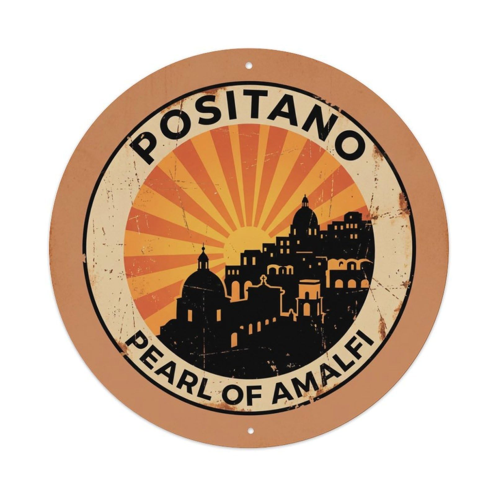 Vintage Travel Positano Italy Token Metal Tin Sign Plaque Wall Decor for Cafe, Club, Garden Round Metal Poster 8x8Inch