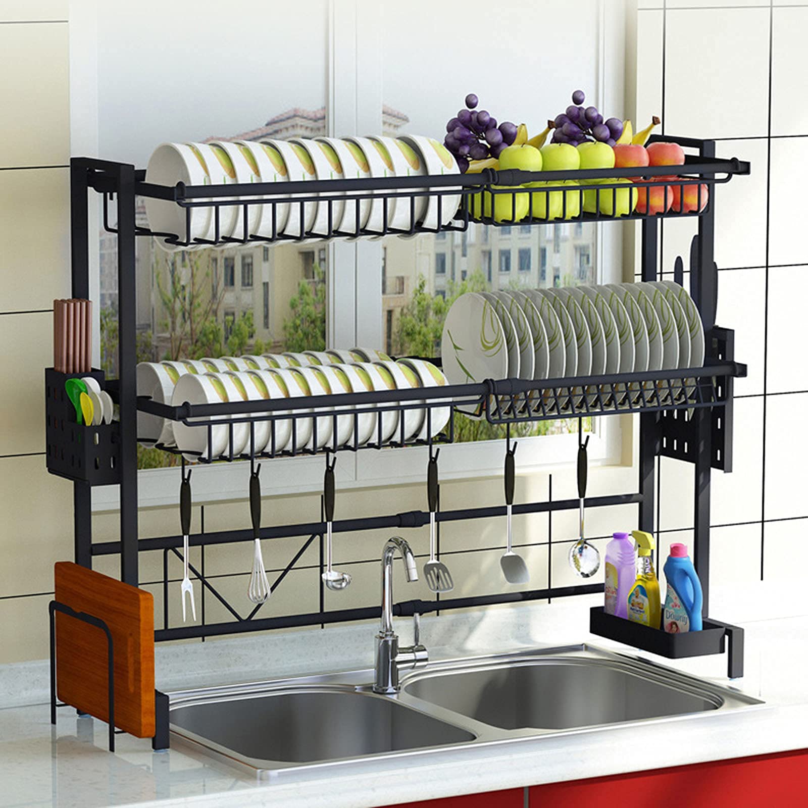 Scaffale telescopico per lavello da Cucina in Acciaio Inossidabile a 2 Strati Scaffale per filtri per stoviglie Lavello Lavello Scarico per lavello, Nero, 81,5 * 29 * 62 cm