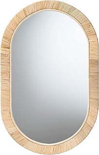 Bali & pari Bella Modern Bohemian Natural Mahogany Wood and Natural Rattan Oval Mirror