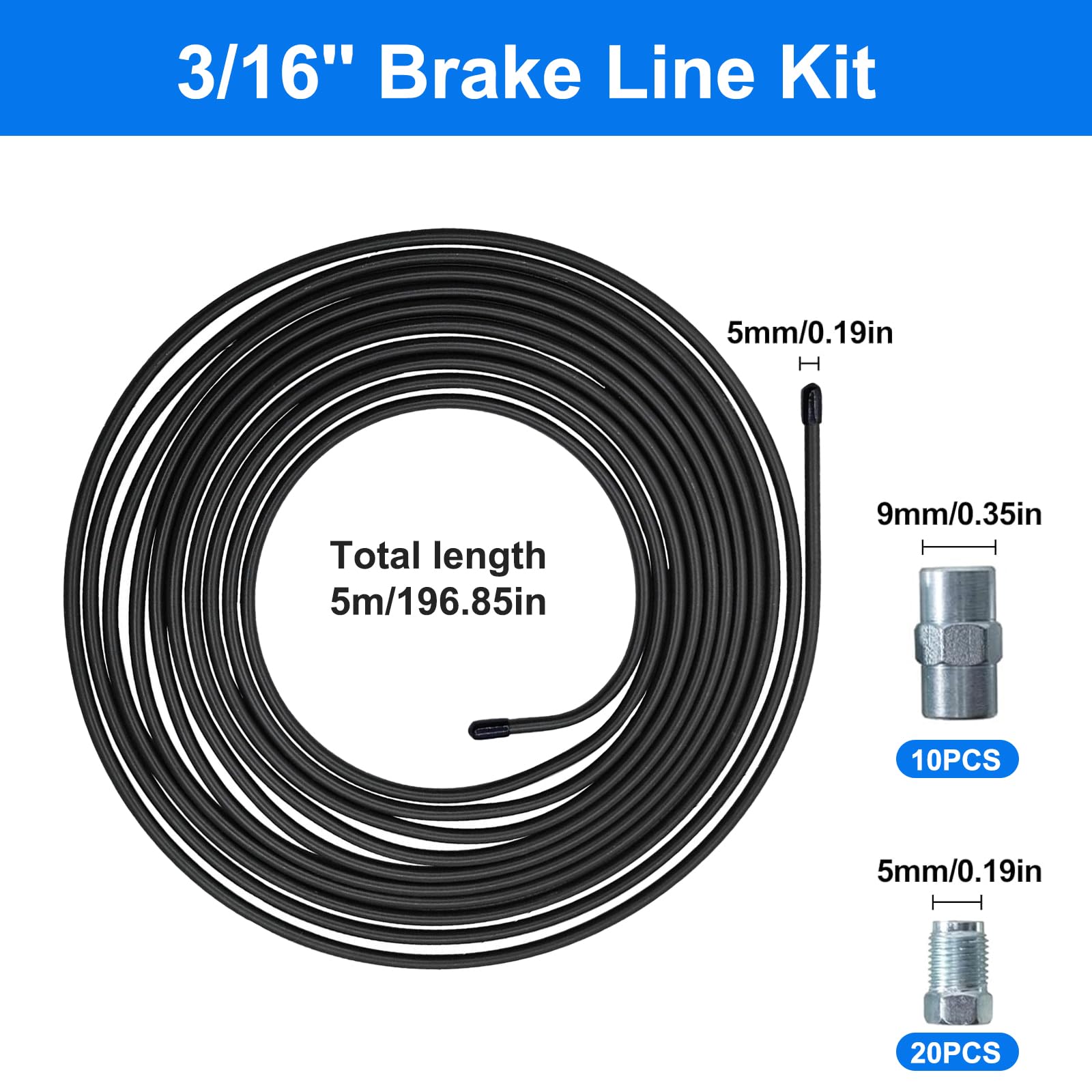 5m Bremsleitung Ø 3/16" (4,75 mm), Kupfer Bremsleitung Set mit 20 Gewindeverbindungen und10 Anschlussklemmen, Verkupfertes Stahl-Bremsrohr für Hydraulische Bremssysteme in Kraftfahrzeugen