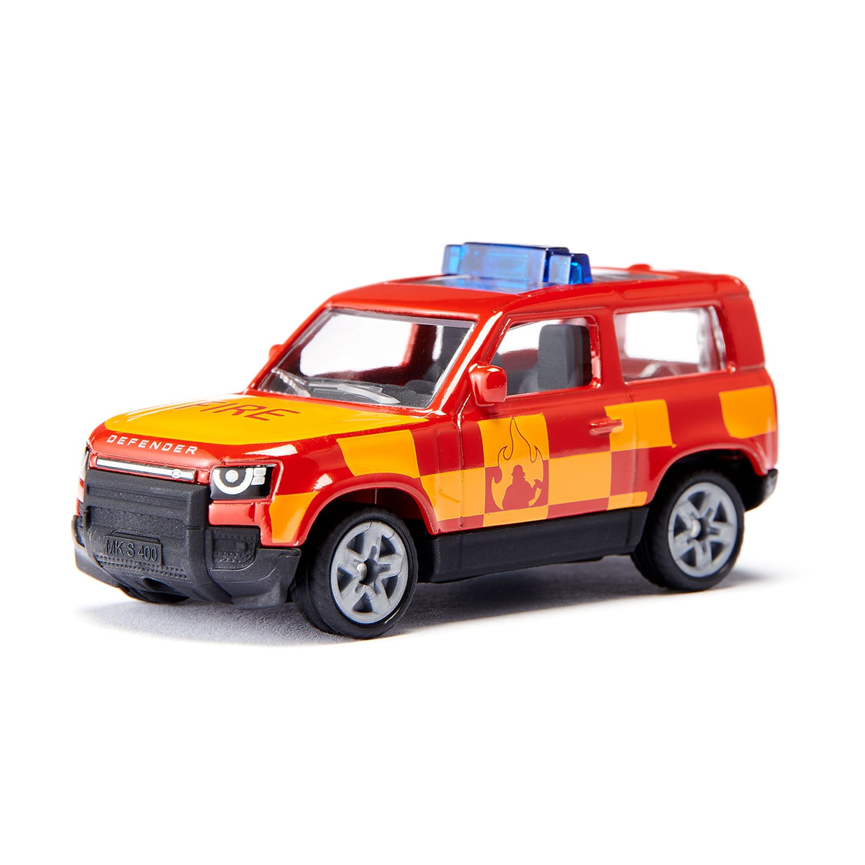 siku 1568, Land Rover Defender Straż pożarna, Zabawkowy samochód, Metal/tworzywo sztuczne, Czerwony/żółty, Sprzęg przyczepy, Gumowane opony, Niebieska belka sygnałowa