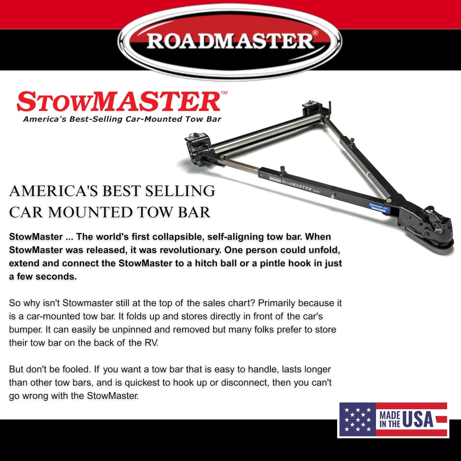 Roadmaster 501 Stowmaster Tow Bar with 2" Coupler fits Baseplates | Hauls Up to 6,000 lbs | Large Hook-Up Radius | Powder-Coated Finish | Self-lubricating Bushings