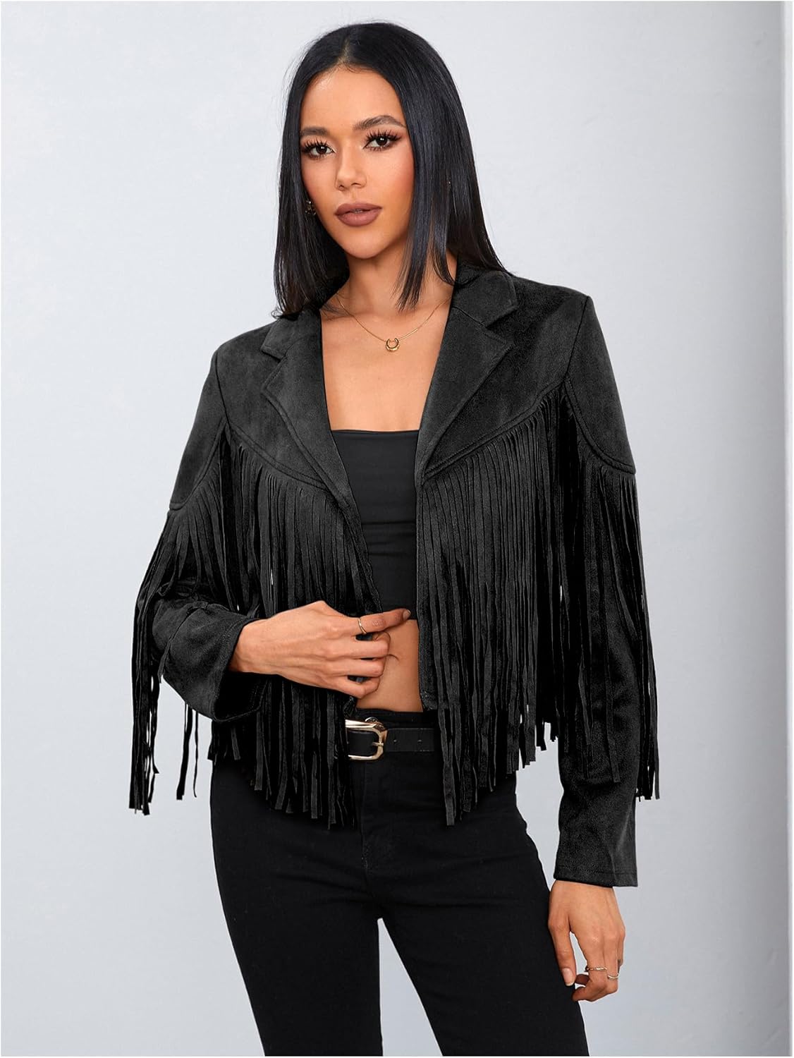 MakeMeChic Women's Faux Suede Tassel Jacket Button Down Fringe Jacket Outerwear - Image 4