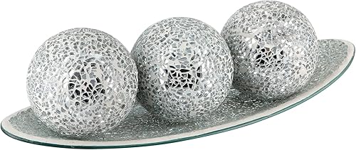 MDLUU Juego de cuencos y bolas de centro de mesa, bandeja de vidrio de mosaico con 3 esferas, plato decorativo de 12.9 pulgadas con orbes de mosaico