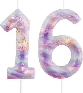 16th Birthday Candles, 3.54in Large Purple Butterfly Number 16 Candle for Cake Topper Decorations for Happy Birthday Party Wedding Anniversary Celebration Supplies