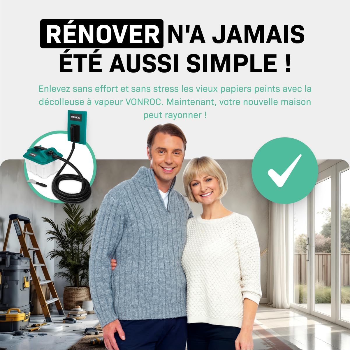 VONROC Décolleuse Papier Peint 2300 W – Réservoir 4,5 L – Tuyau 4 m – Spatule Incluse – Plaque Vapeur Standard et Compacte – Indicateur de Niveau d’Eau – Decolleuse Rénovation Murale Papier Chambre
