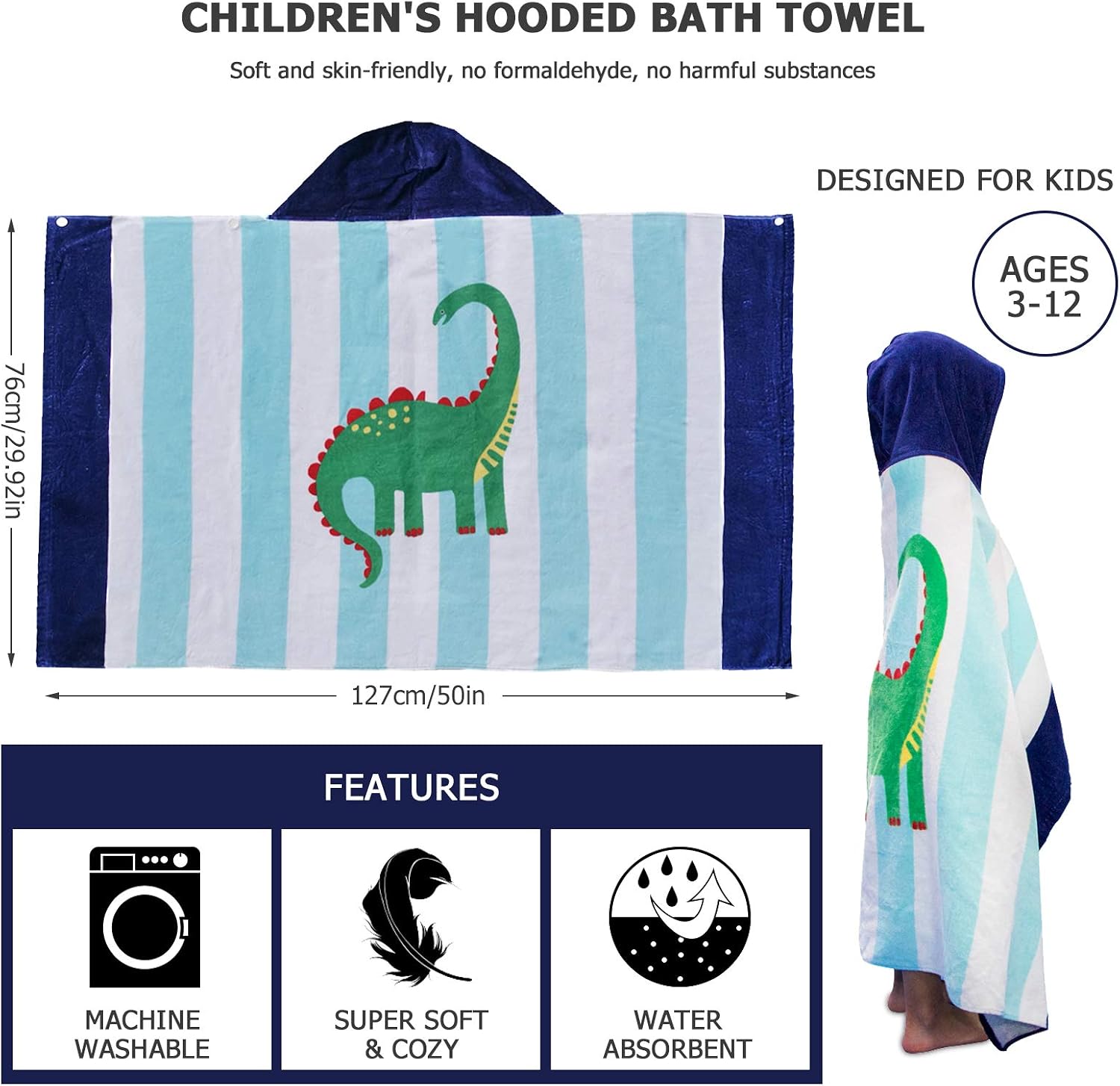 Bath Beach Towel for Kids, Poncho for Bath Pool Beach Swim Pool Cover Up, Soft Comfortable Hooded Towel Wrap for Boys Girls, 3-12 Years Old, 30" X 50" (Dinosaur 1)