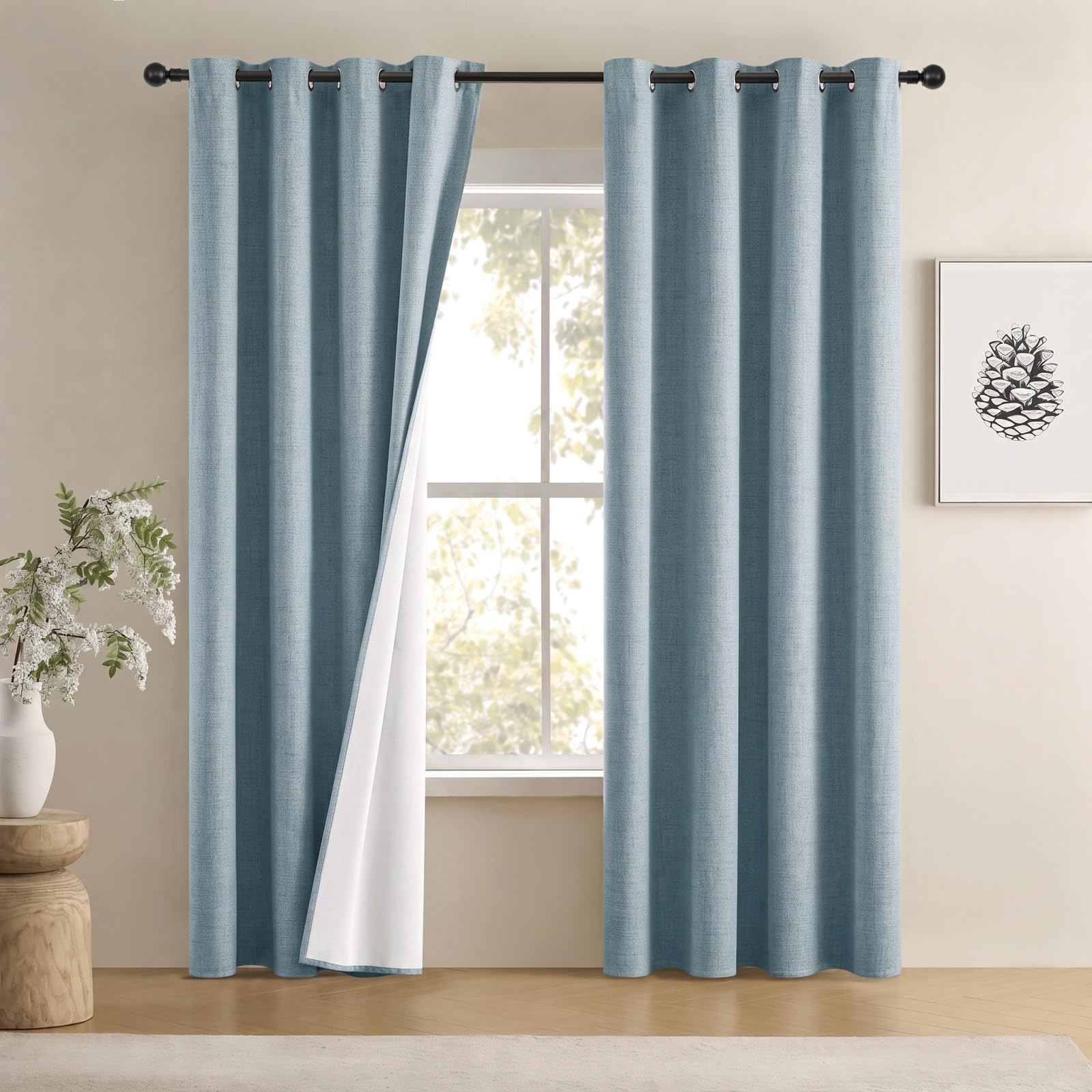 Blue 100% Blackout Linen-Look Curtains for Bedroom Living Room 118 Drop