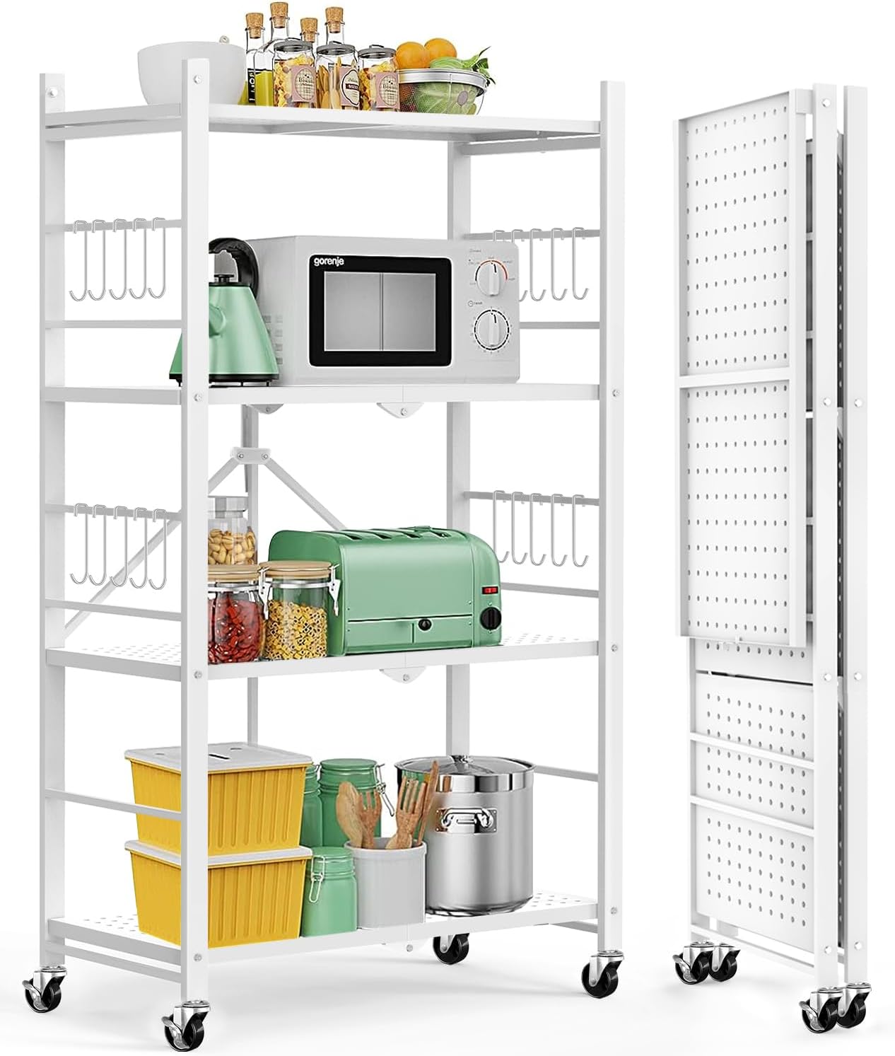 Photo 1 of Himix Storage Shelves with 20 Hooks, 4-Tier Foldable Shelves for Storage, Folding Shelf Unit Pantry Shelves with Wheels, Metal Shelving Storage Rack Shelf for Kitchen Garage Home, White - No Assembly