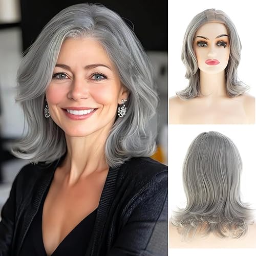 Short Wavy Grey Wigs for White Women Shoulder Length Synthetic Layered Cosplay Hair Wigs
