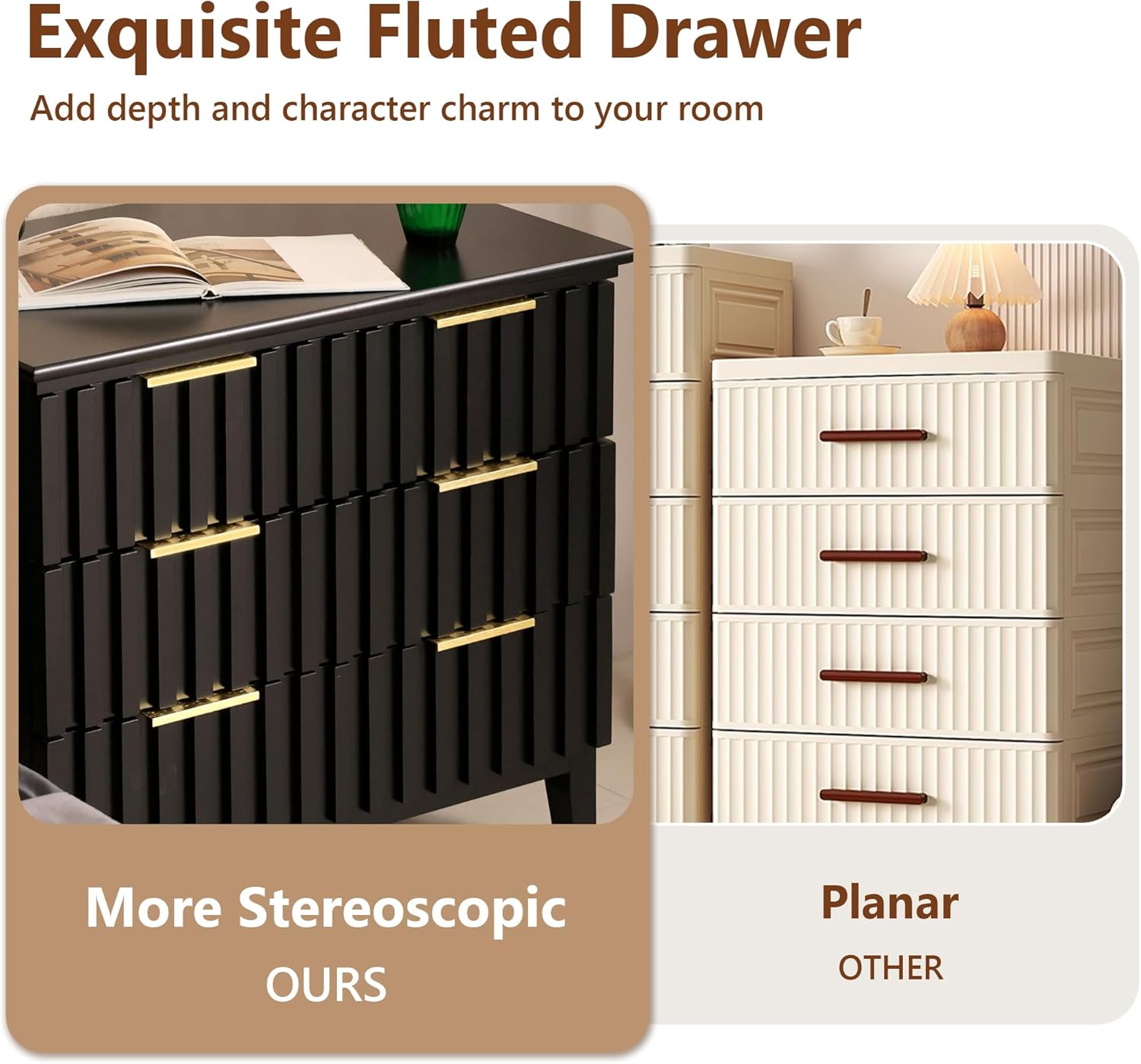 LAZZO 3 Drawer Nightstand Fluted Nightstand Oversized Bedside Table Tall Side Tables Large Night Stand with Storage,Gold Metal Handles and Painted MDF Surface for Bedroom Black