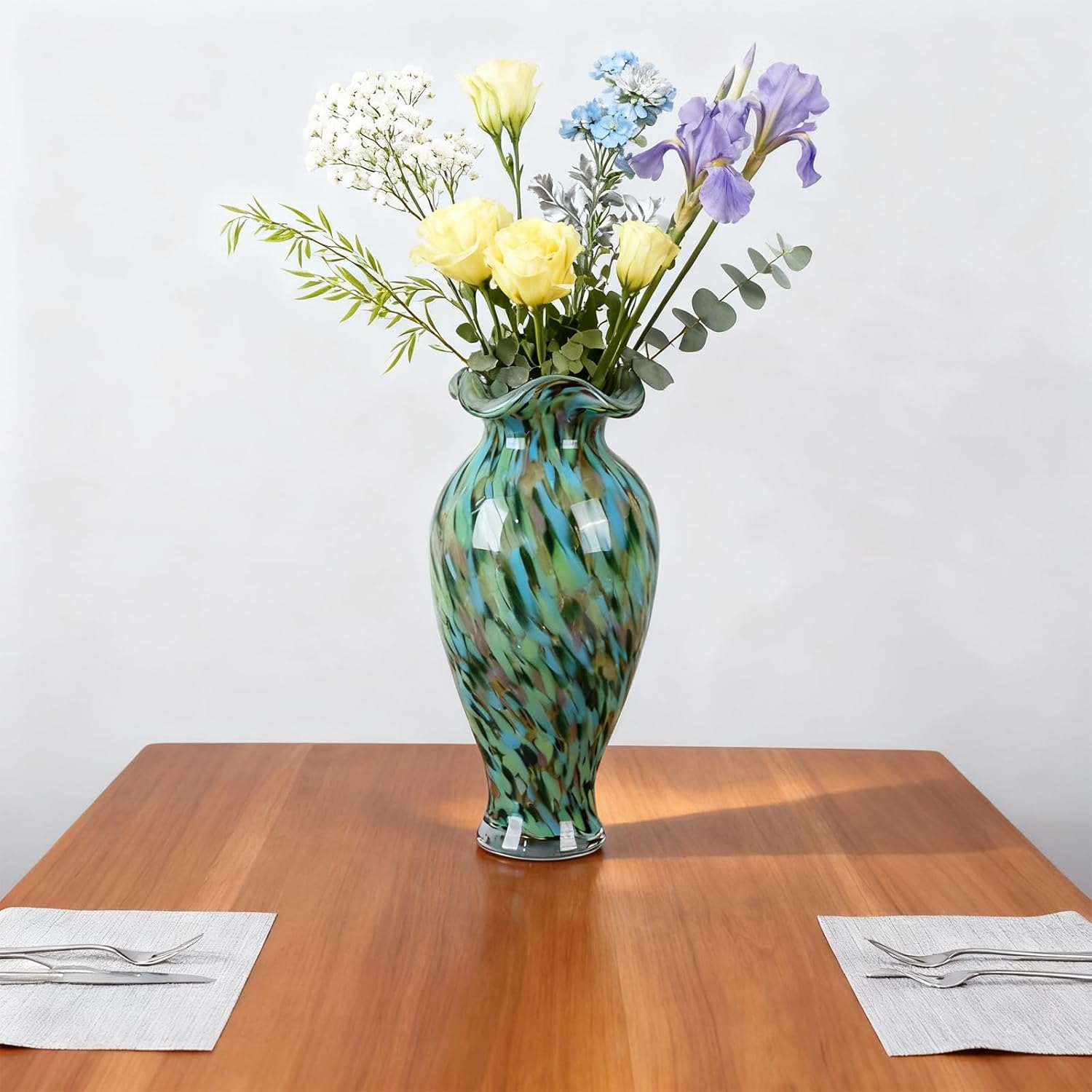 Hand-Blown Decorative Green Glass vase, Unique Green Glass vase, Modern Art Home Decor, Perfect as a Centerpiece for Living Room Dining Tables, Display on TV cabinets, or Wedding Floral Arrangements.