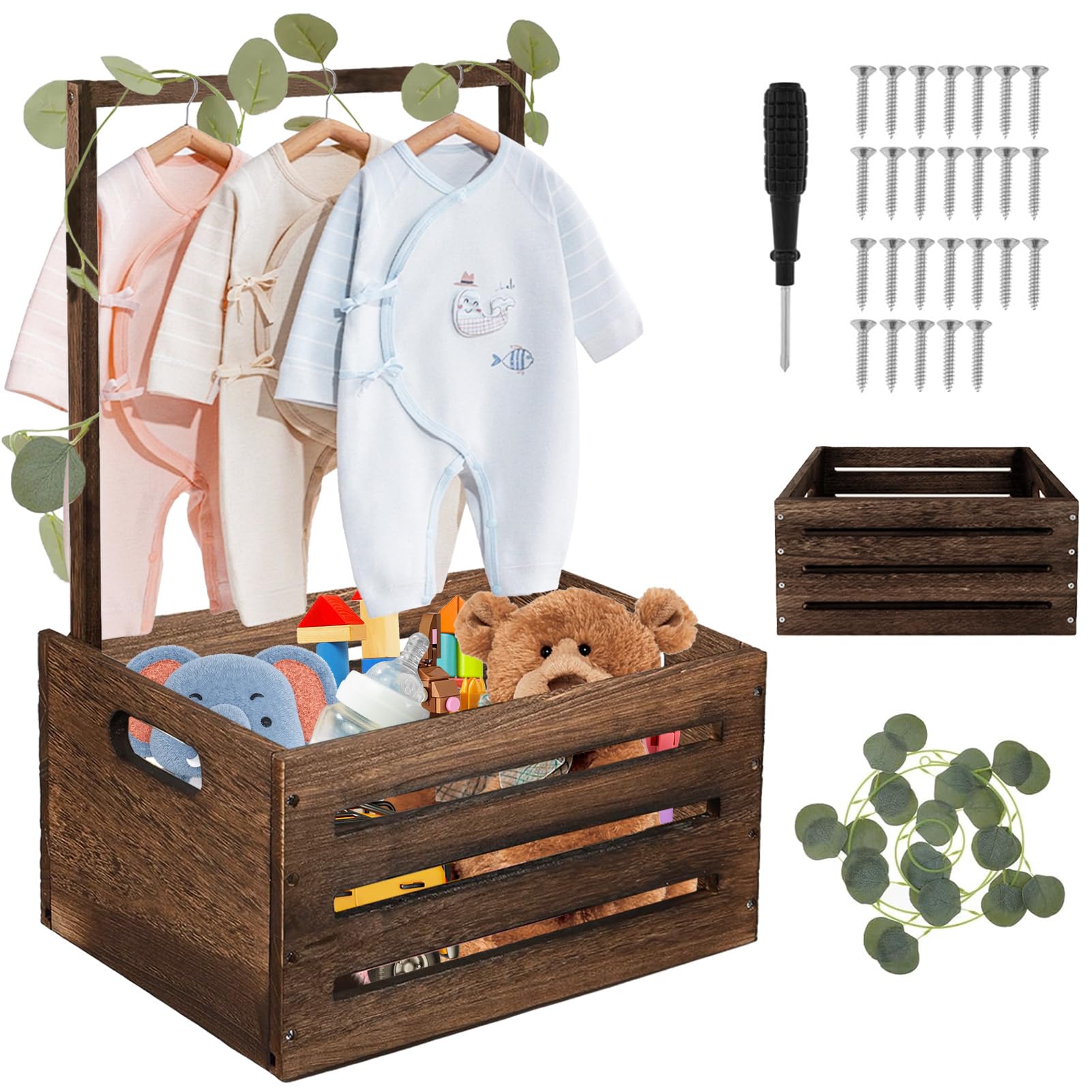 UNICRAFTALE Coffret De Rangement en Bois Blanc pour Douche Bébé avec 6 Cintres Panier De Stockage Corbeille De Fête avec Vigne Fleurie Feuilles Et Lianes Cadeaux Bienvenue Bébé pour Nouveaux Parents