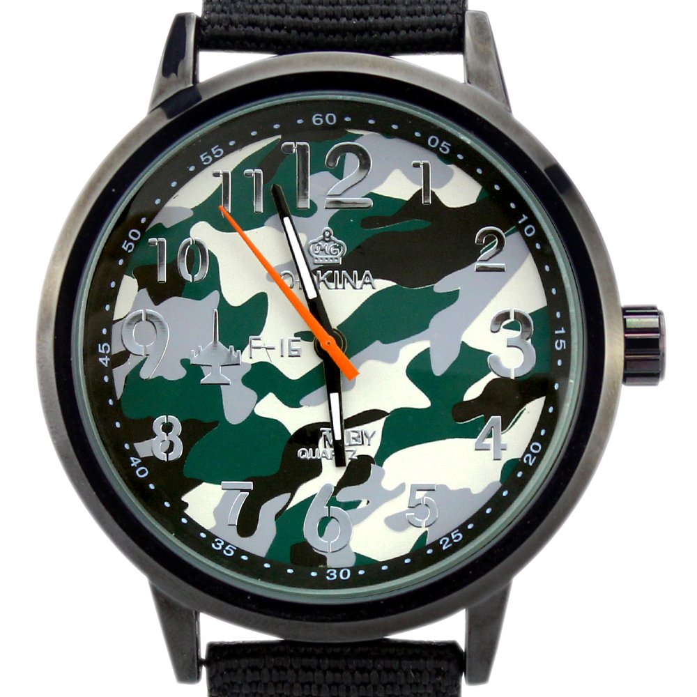 Orkina Mens Army Dark Green Camouflage Quartz Dial Black Nylon Canvas Strap Army Wrist Watch W006-DGC