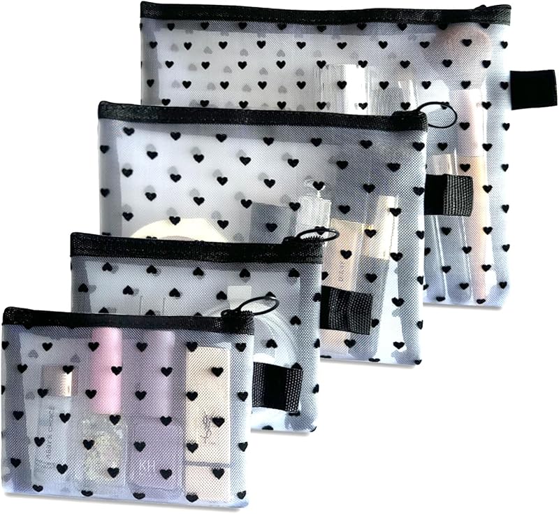 Conjunto com 4 necessaires de maquiagem em tela com estampa de corações TRAKWAN, brancas