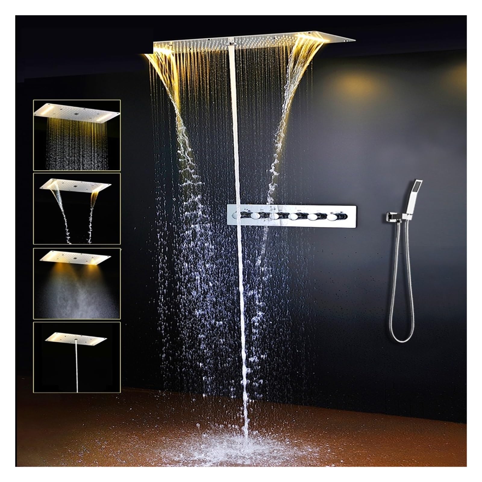 Cyfrowy Prysznic, LED Głowica Prysznicowa Deszcz Wodospad Mist Spray Zestaw Kąpielowy, Termostatyczny Prysznic Mikser Kran, Wbudowany Sufit Ze Stali Nierdzewnej(Single shower head)