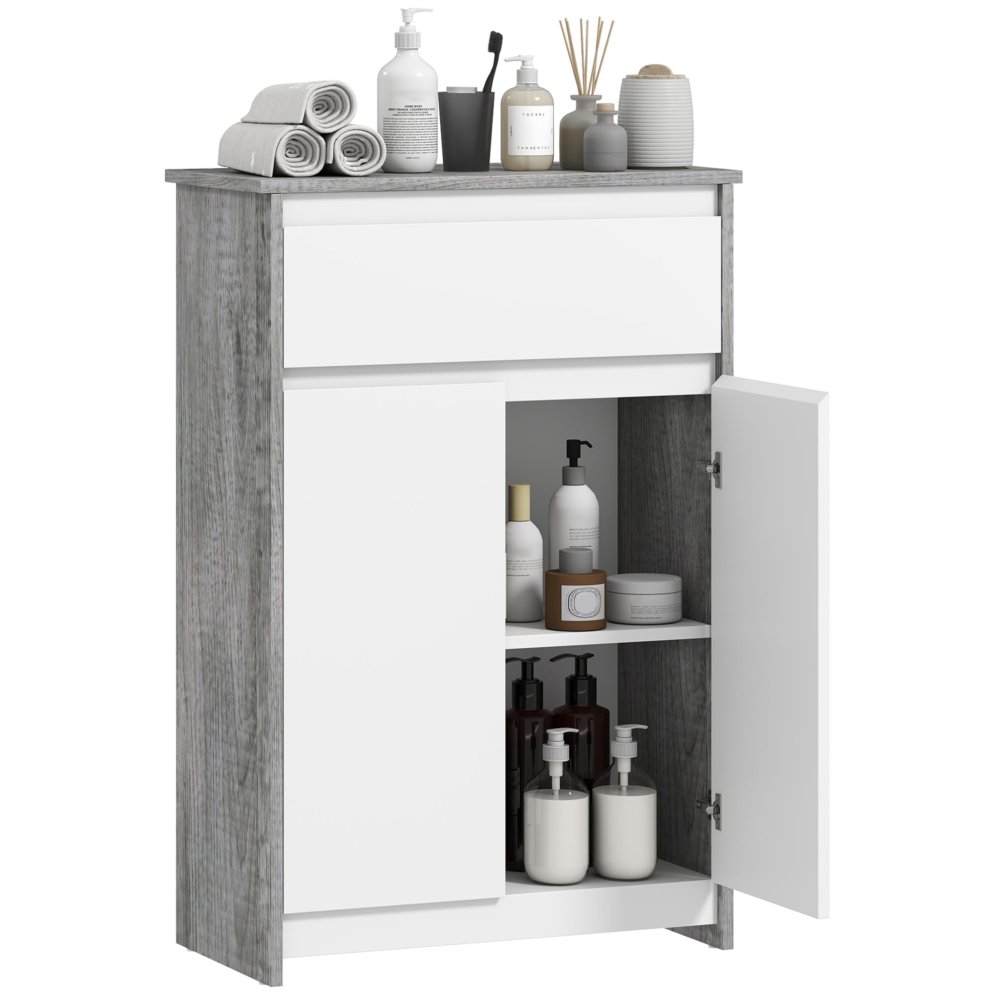 kleankin Mobile Bagno con Cassetto e Ante Doppie Grigio e Bianco | Mobiletto Bagno Salvaspazio, per Lavanderia, Effetto Legno