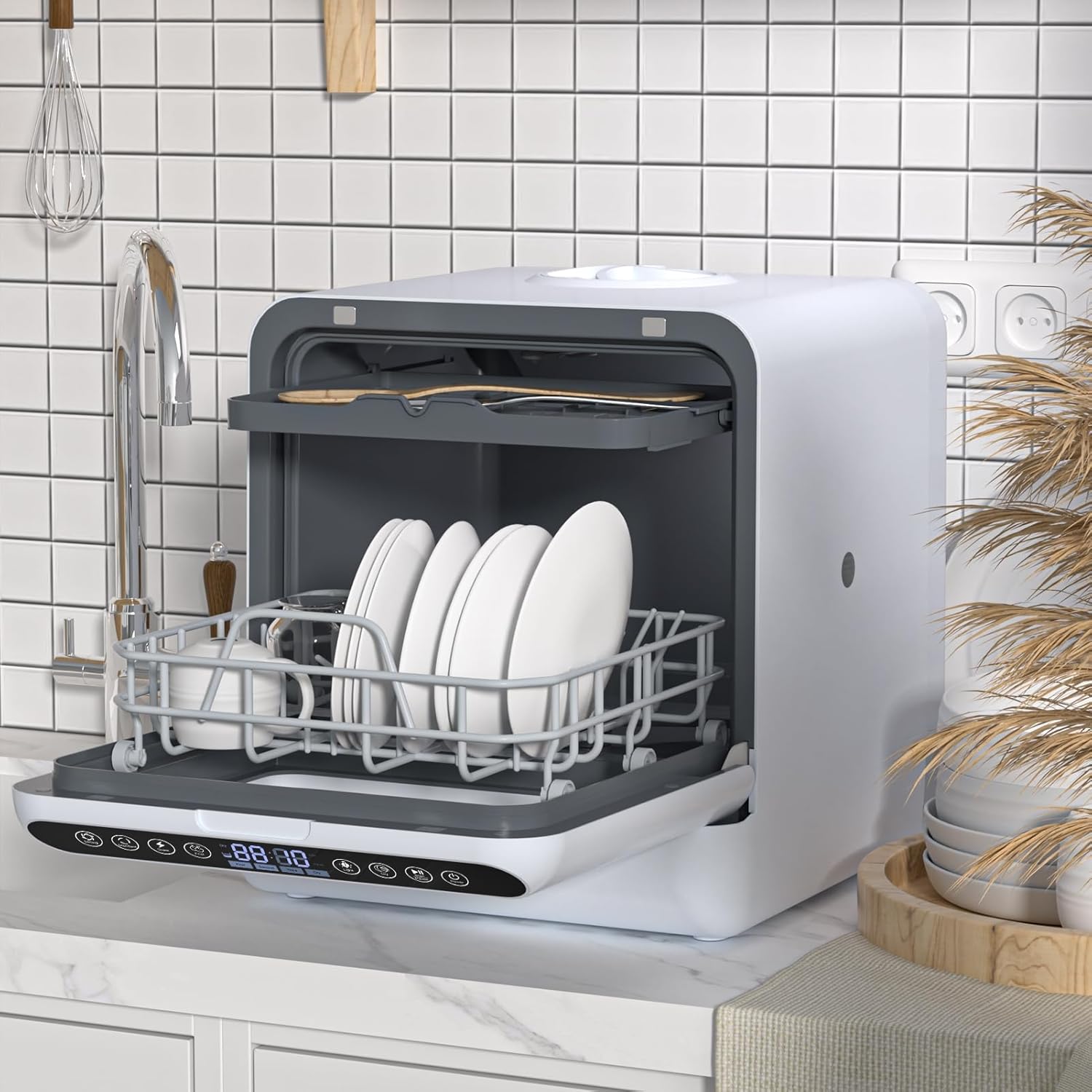 Portable Dishwasher with 5L Water Tank,2-Tier Rack Countertop Mini Dishwasher,Automatic Smart Dishwasher with 5 Place Settings,Mini Dishwasher with 3-Spray Arm,Air-Dry Function US