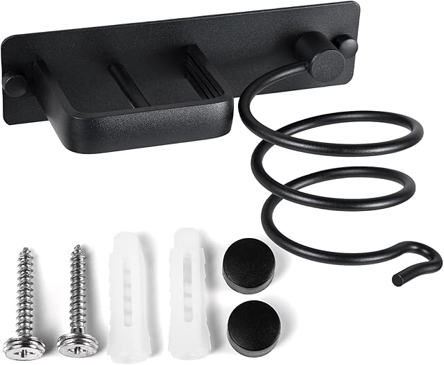 YUET Hair Dryer Holder Hairdryer Station Wall Mounted Spiral Shelf Bracket Stand Hanger Straightener Organizer Blow Storage with Holes Rack For Bathroom Aluminum Professional Black