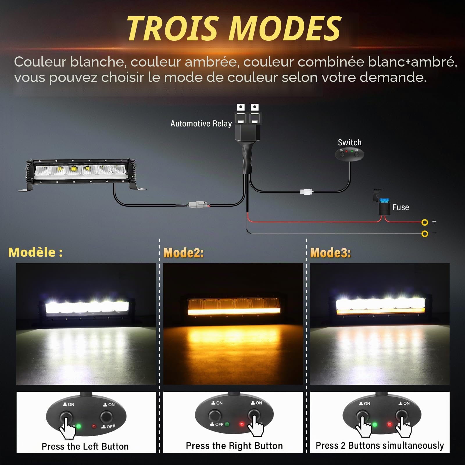PICAA Barre LED 13 Pouces 32 cm 120W, Feux de Jour DRL Ambre, Rampe à LED | avec Kit de Câblage 12V pour Camion, Bateau, Projecteur, Feux de Brouillard, 4x4, ATV, Véhicule,étanche IP67