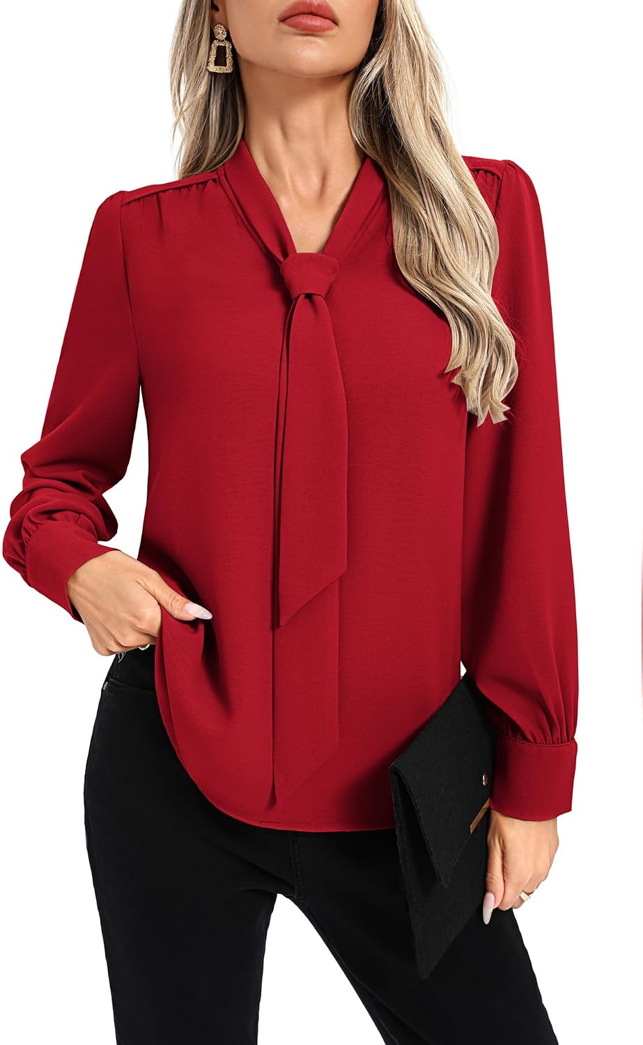 Kate Kasin Women's Bow Tie Neck Blouse 2026 Long Sleeve Work Shirt for Office Business Professional Dressy Casual Tops
