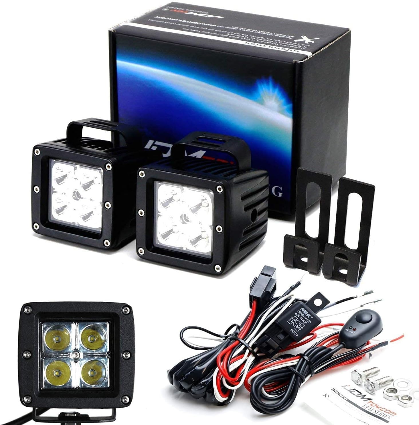 iJDMTOY Behind Grille LED Pod Light Kit Compatible with 2009-14 Ford F150, Includes (2) 20W High Power LED Cubes, Behind Hood/Grill Mounting Brackets & On/Off Switch Wiring Kit
