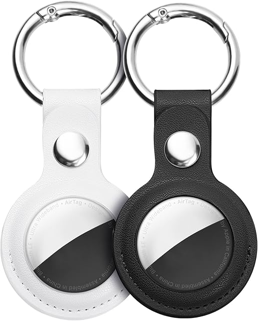 Ainiv Protective Case for Apple Airtags, 2PCS White Black PU Leather Keyring Case, Airtag Holder, AirTags Tracker Cover, Air Tag Holder, Pet Dog Cat Collar Tracker, AirTags Key Finder, Locator Tracker