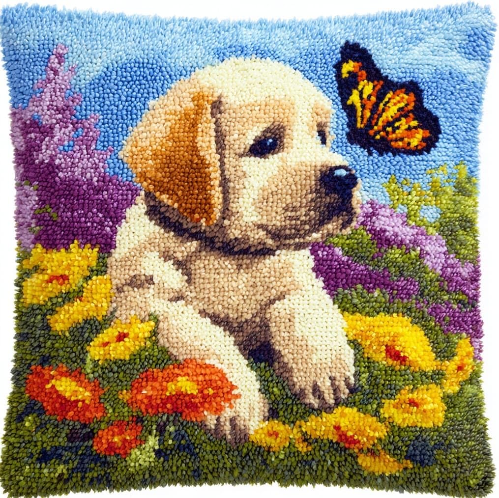 AxiangziK Latch Hook Cushion Kits for Adults,Golden Retriever and Butterfly