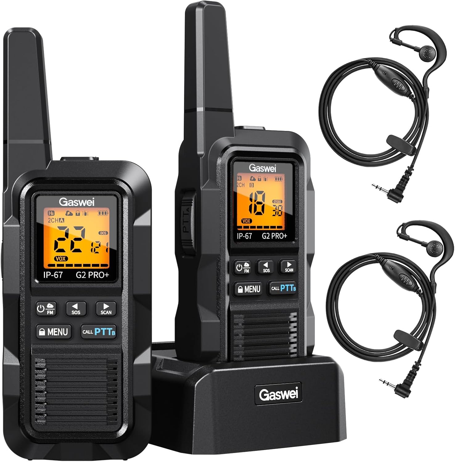 G2pro+ IP67 Waterproof Floating Walkie Talkies with Earpiece and Mic, FRS Heavy Duty Walkie Talkie Long Range with Double PTT,FM Radio,VOX,SOS,NOAA Weather, Two Way Radio(Black 2Pack+Headset)