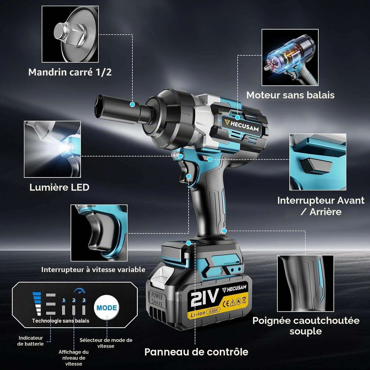 1500Nm Clé à Chocs Sans Fil Brushless vec Deux Batteries 4,0 Ah, 5 Douilles à Chocs, 1/2" Boulonneuse à Choc Électrique 21 V pour Voiture Familiale/Camionnette/Tondeuse