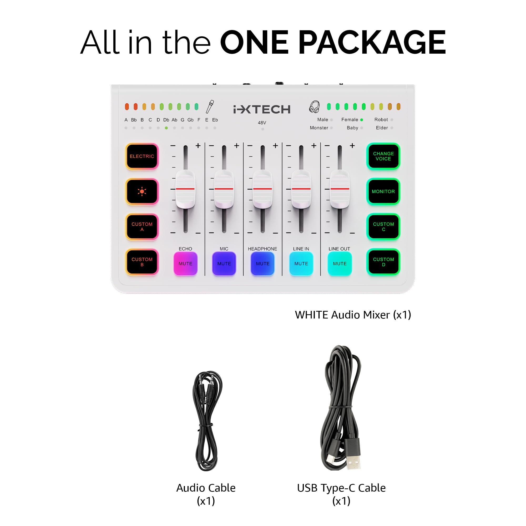 IXTECH Mezclador de audio para juegos de 4 canales, interfaz de audio RGB para PC con soporte de micrófono XLR, ecualizador de audio para juegos, podcast, streaming, karaoke, controles de volumen