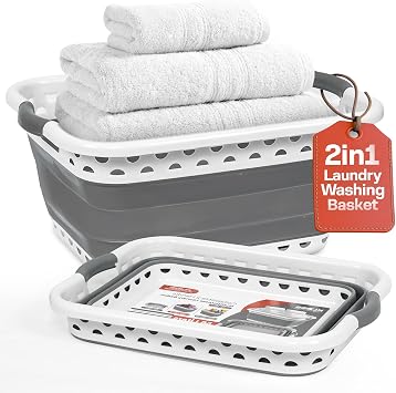 Klass Home Collection 58L Large Collapsible Laundry Baskets Plastic, Pop Up Foldable Washing Basket, Laundry Hamper For Sorting & Drying, Space Saving Folding Wash Bucket Tub 2-Handle, Grey