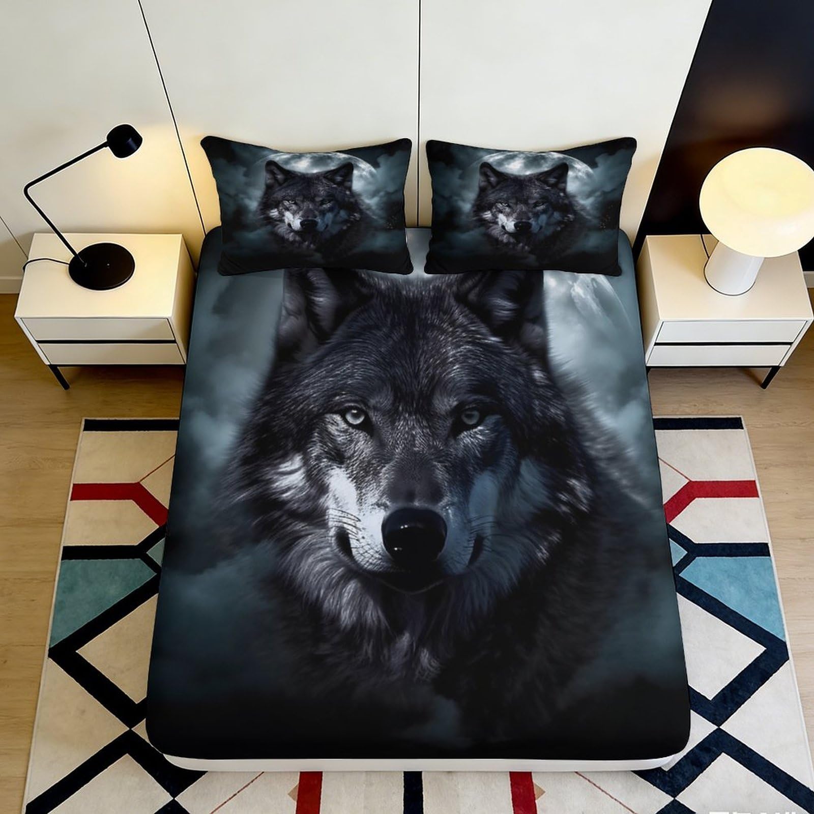 3D Printed Wolf Design Fitted Sheet Microfiber Deep Pocket Elastic Hem Bedroom Wolf Mattress Fitted Cover Washable 180x200x25cm
