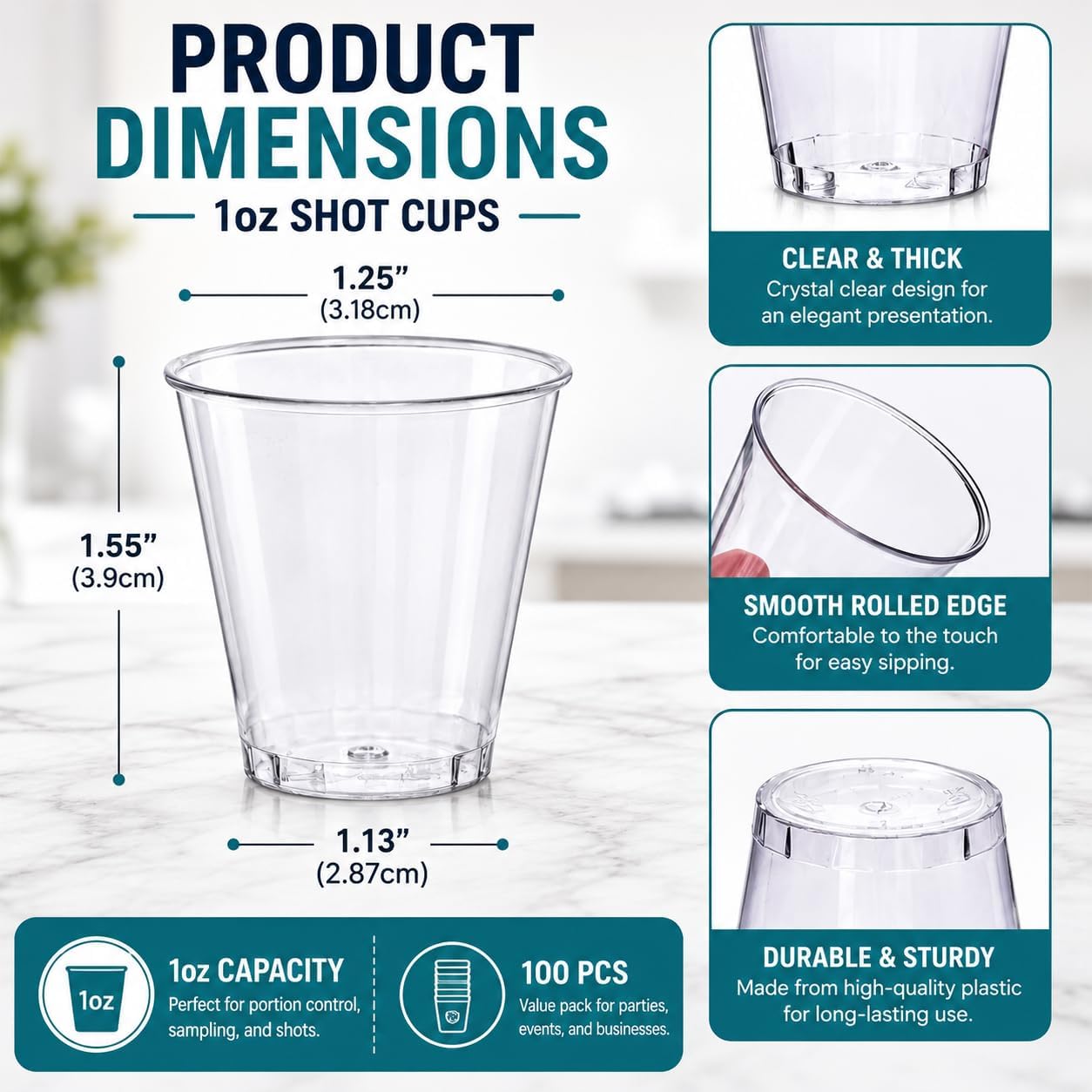 1oz 100 pcs Premium Clear Shot Glasses. Disposable Clear Cups for Wine Tasting, Vodka, Whiskey, jelly shot, sample Cups For Party and Gathering. (100, 1oz)