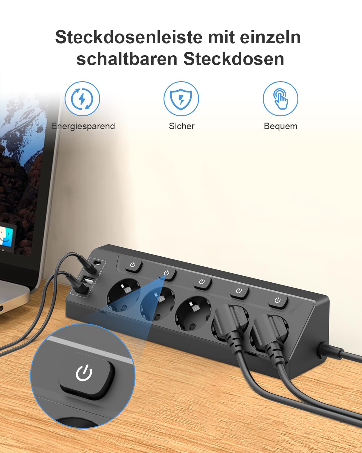 Presa Angolare con Interruttore Indipendente, Ciabatta con 4 USB (2 USB C)+5 Prese con Protezione per Bambini, 3680W, Cavo di Prolunga da 2M per Cucina, Ufficio, Casa (nero)
