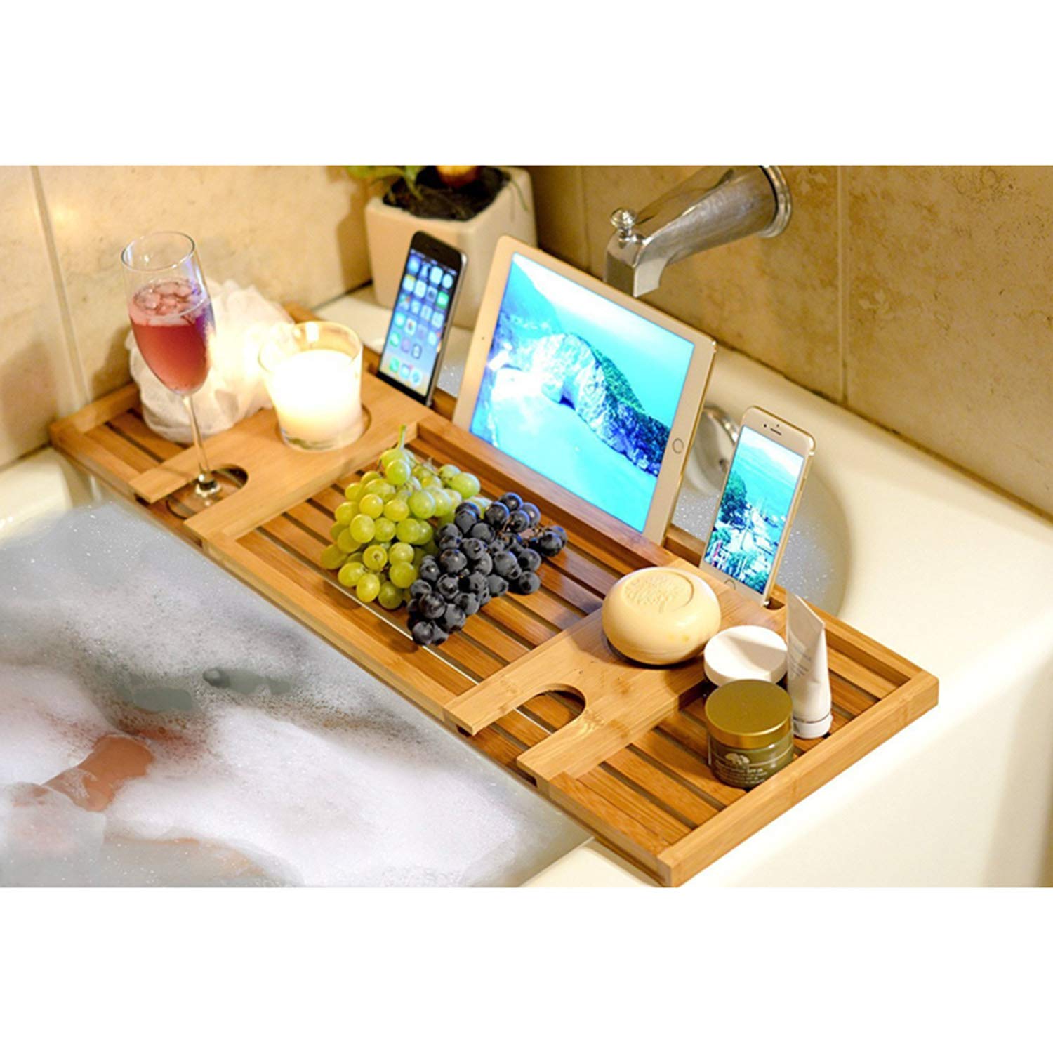 Vassoio Caddy in Vasca da Bagno in bambù, Mensola Bagno con Portasapone E Supporto iPad