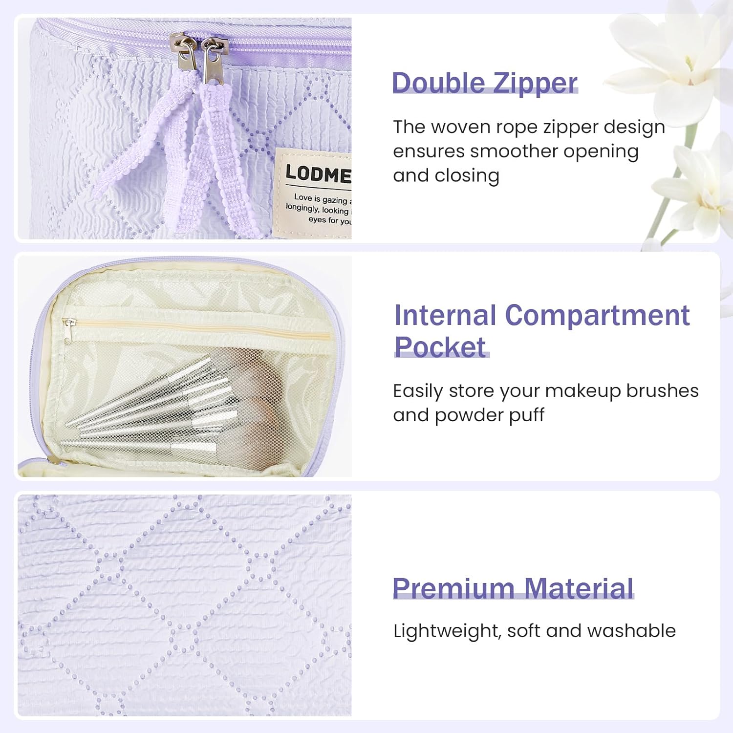 Makeup Bag 3 PCS Cosmetic Bags for Women, Quilted Travel Make up Bag Set Cute Cotton Toiletry Bag Organizer Pouch for Purse, Purple - Image 5