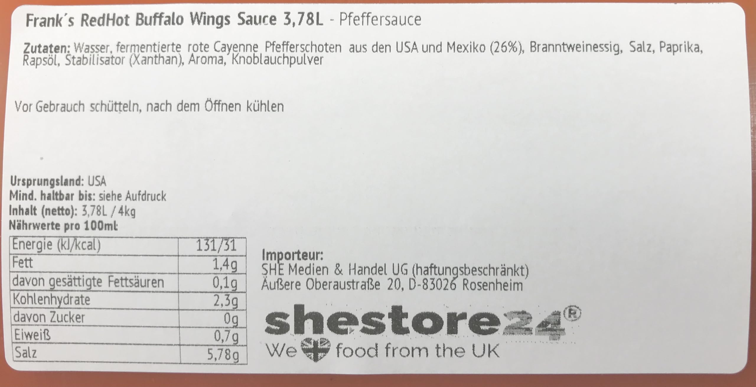 Frank´s RedHot Buffalo Wings Sauce Bidon de 3,78 l - importé de shestore24