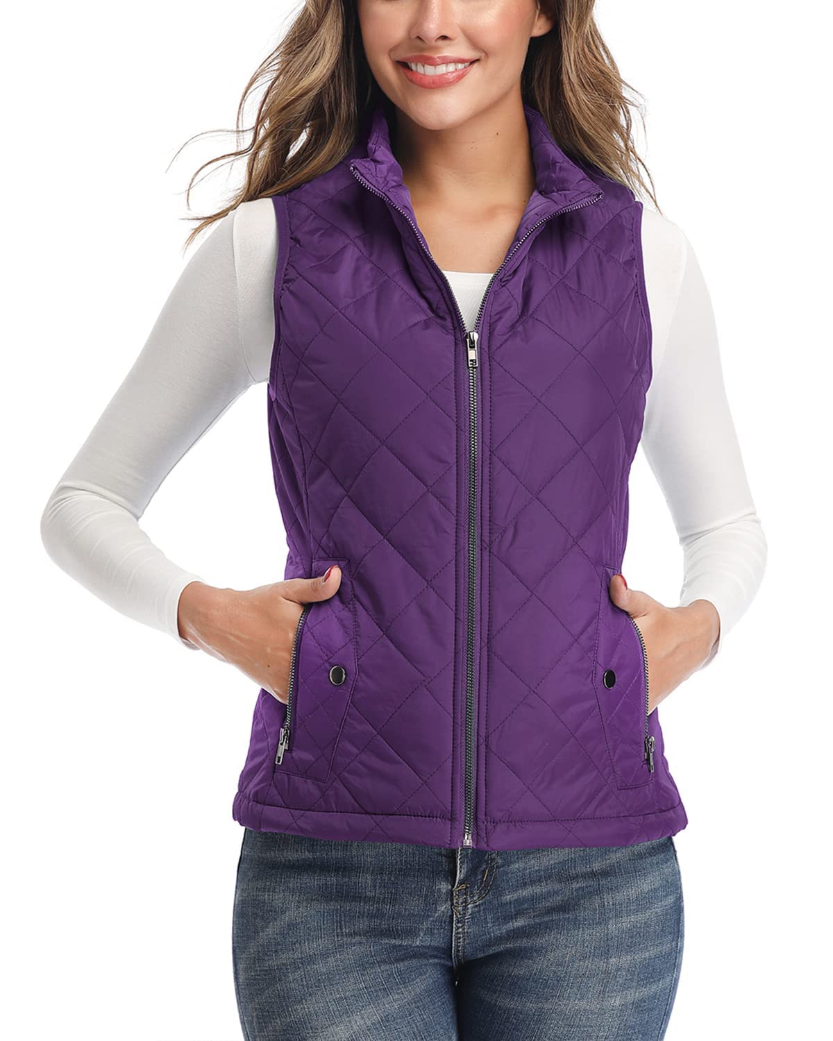 Longking Women's Purple Vest - Stand Collar Lightweight Zip Quilted Vest For Large
