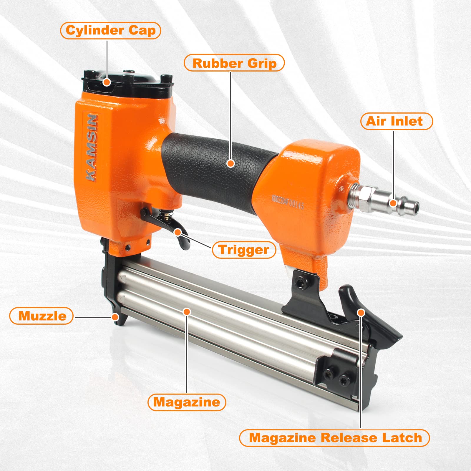 Kamsin F32 Kit de cloueuse pneumatique de calibre 18 avec 5 000 clous tressés de 12 mm de longueur, accepte les clous tressés de 10 à 32 mm, pistolet à clouer compact pour le travail du bois, les