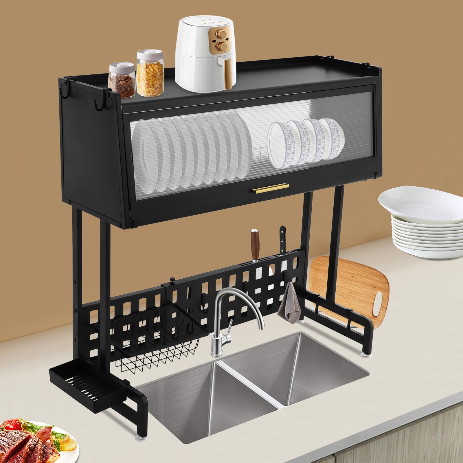 Escurreplatos de acero al carbono con soporte para utensilios, escurridor ajustable sobre el fregadero con agujeros de drenaje, soporte para platos con soporte para tabla de cortar