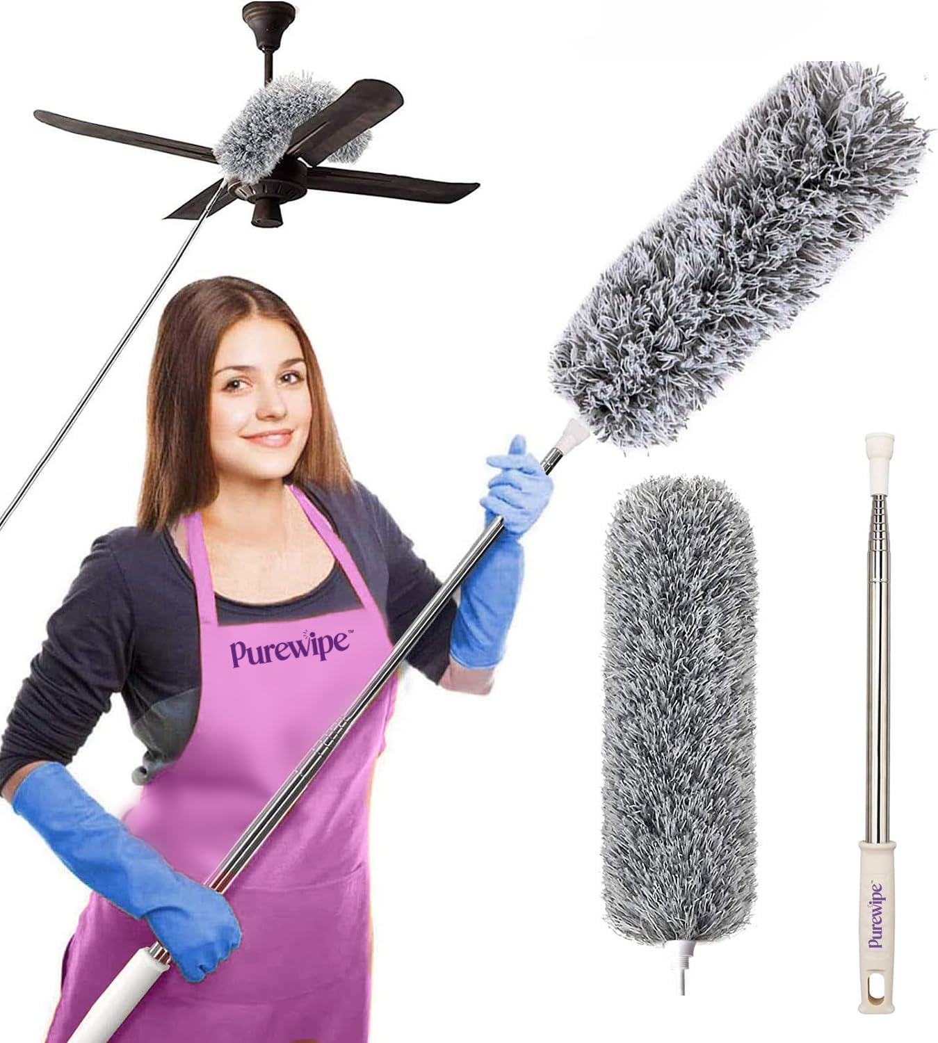 Purewipe Extendable Fan Cleaning Duster With Long Handle - Multi-Purpose for Ceiling Fans, Walls - Microfiber & Wall Mop for Home, Broom for Floor (100 Inch Feather)