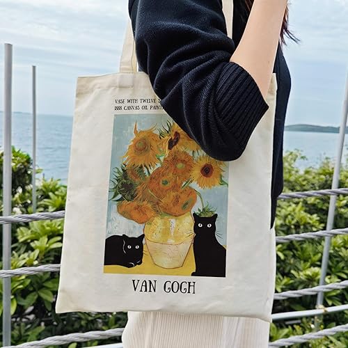 Miniatura 2 de Dlzdn Van Gogh - Bolsa de lona con diseño de girasol y gato para mujer, bolsa de compras divertida, bolsa de compras, bolsa de playa, regalos para