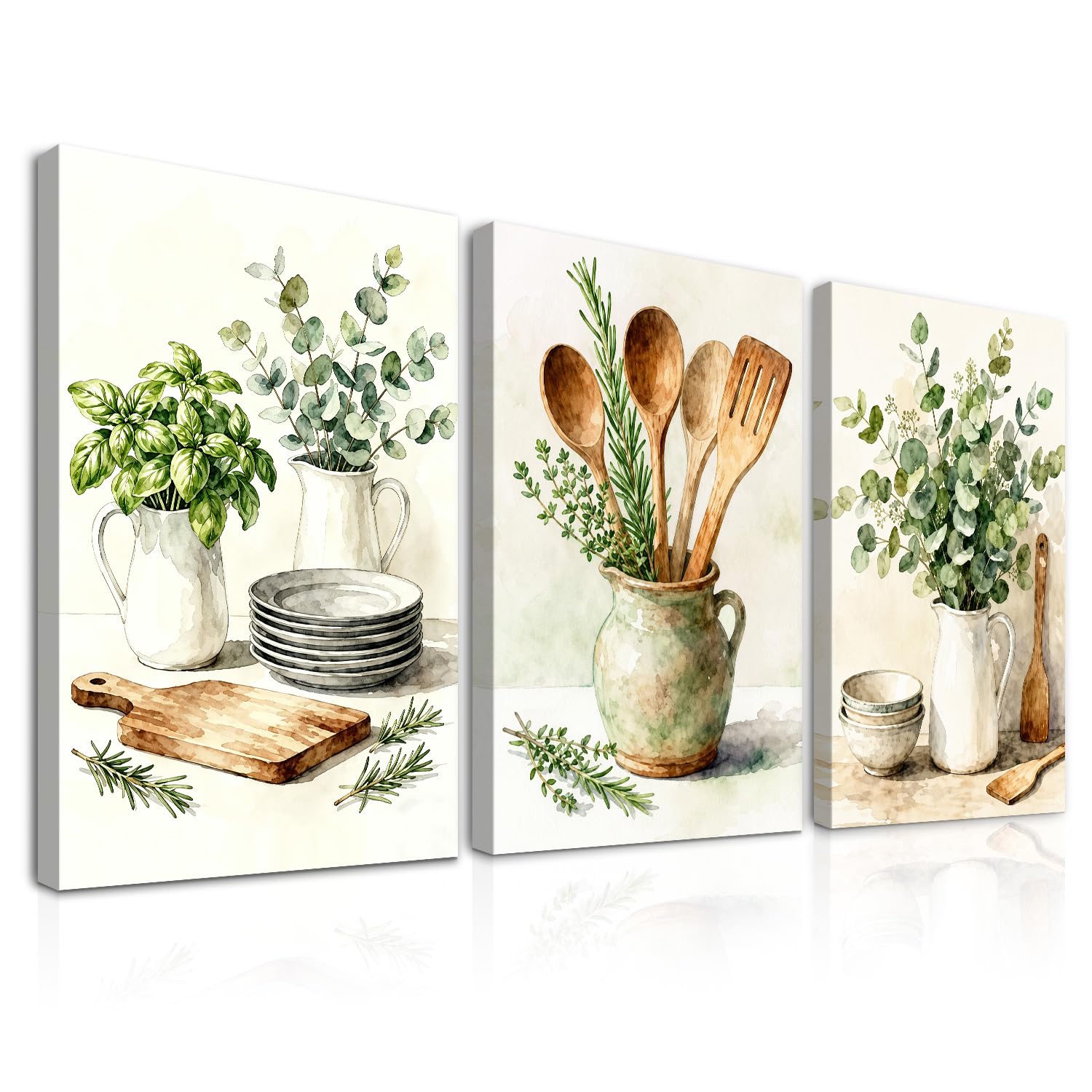 Dazzlewall Lot de 3 Encadré Affiches Cuisine Aquarelle, Herbes, Ustensiles & Verts Avec Assiettes pour Salle À Manger Restaurant 30x40 cm