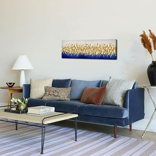Miniatura 7 de AIYISU Arte de pared abstracto azul y dorado para sala de estar, pintura de tinta azul marino y dorado, imagen de textura moderna, acuarela, arte